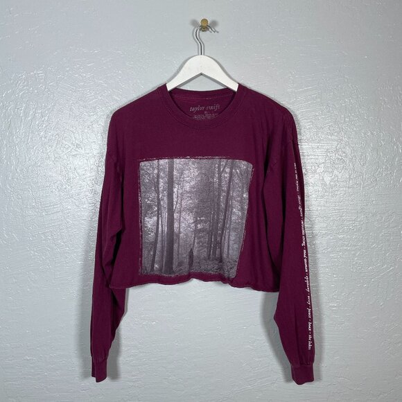 Taylor Swift Women XL Maroon Folklore In The Trees Album Crop Long Sleeve Shirt - Picture 1 of 7